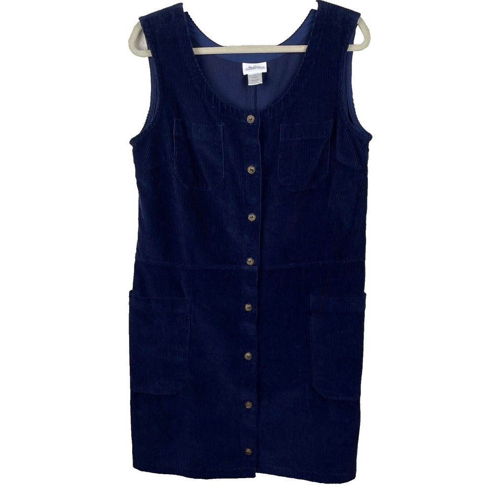 Vermont Country Storeโ Dress Medium Blue Corduroy Button Up Pockets Chore Cotton